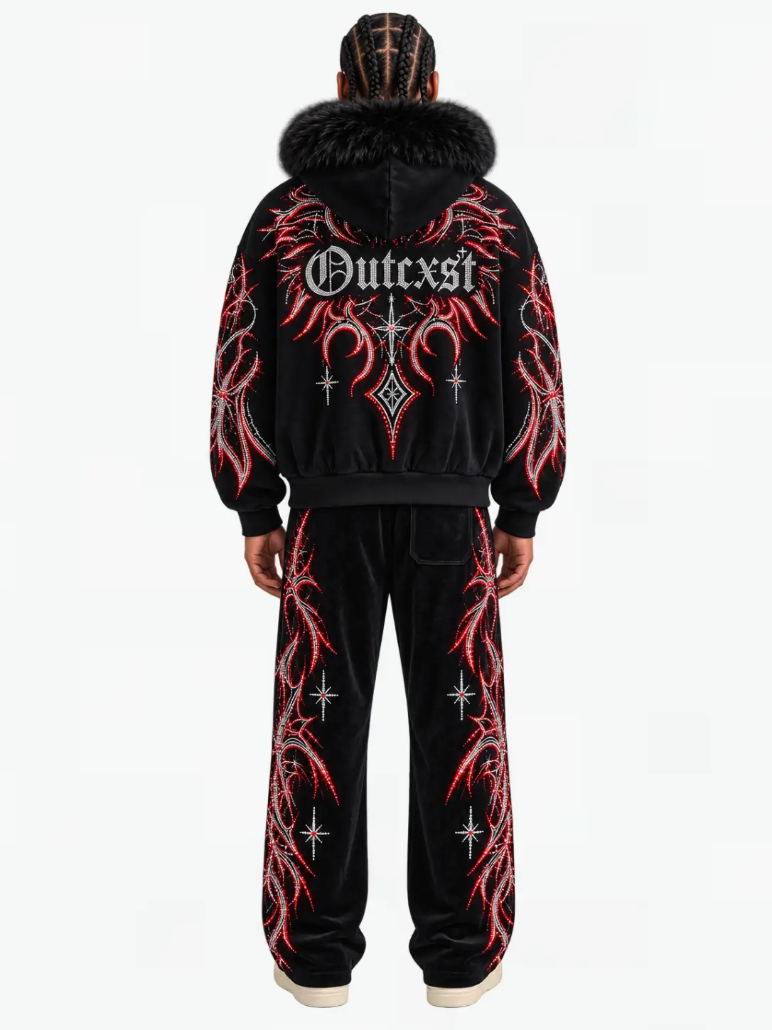 THORN RHINESTONE FUR ZIP HOODIE — Model back view