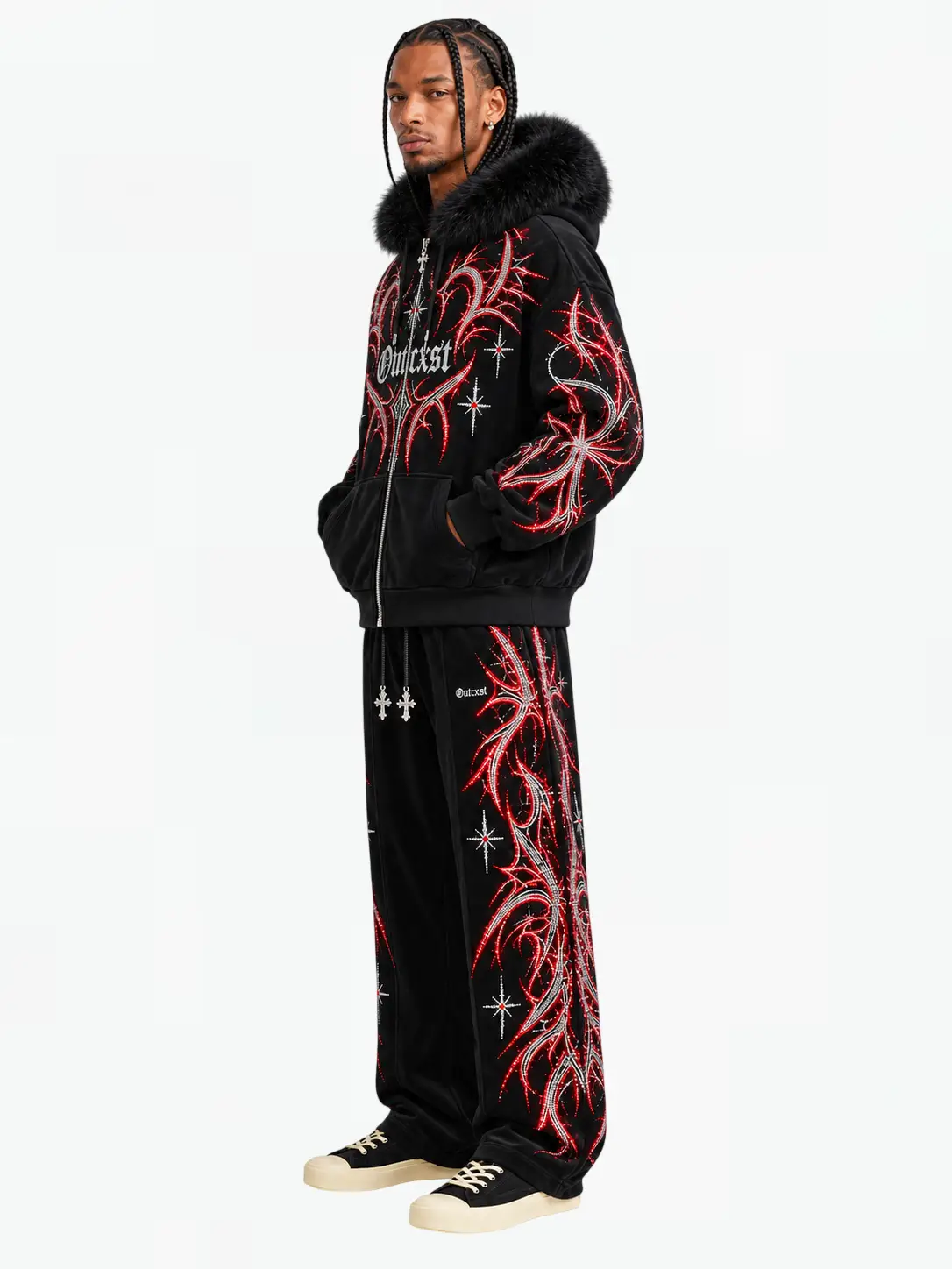 THORN RHINESTONE FUR ZIP HOODIE — Full outfit model view