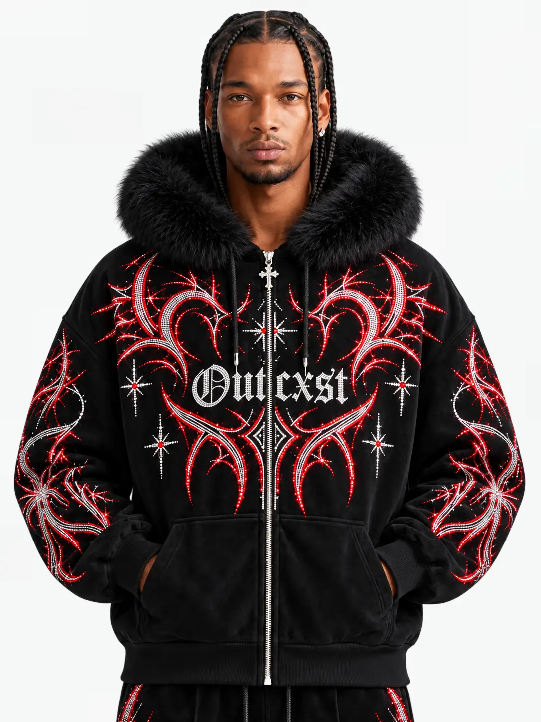 THORN RHINESTONE FUR ZIP HOODIE — Front model close-up