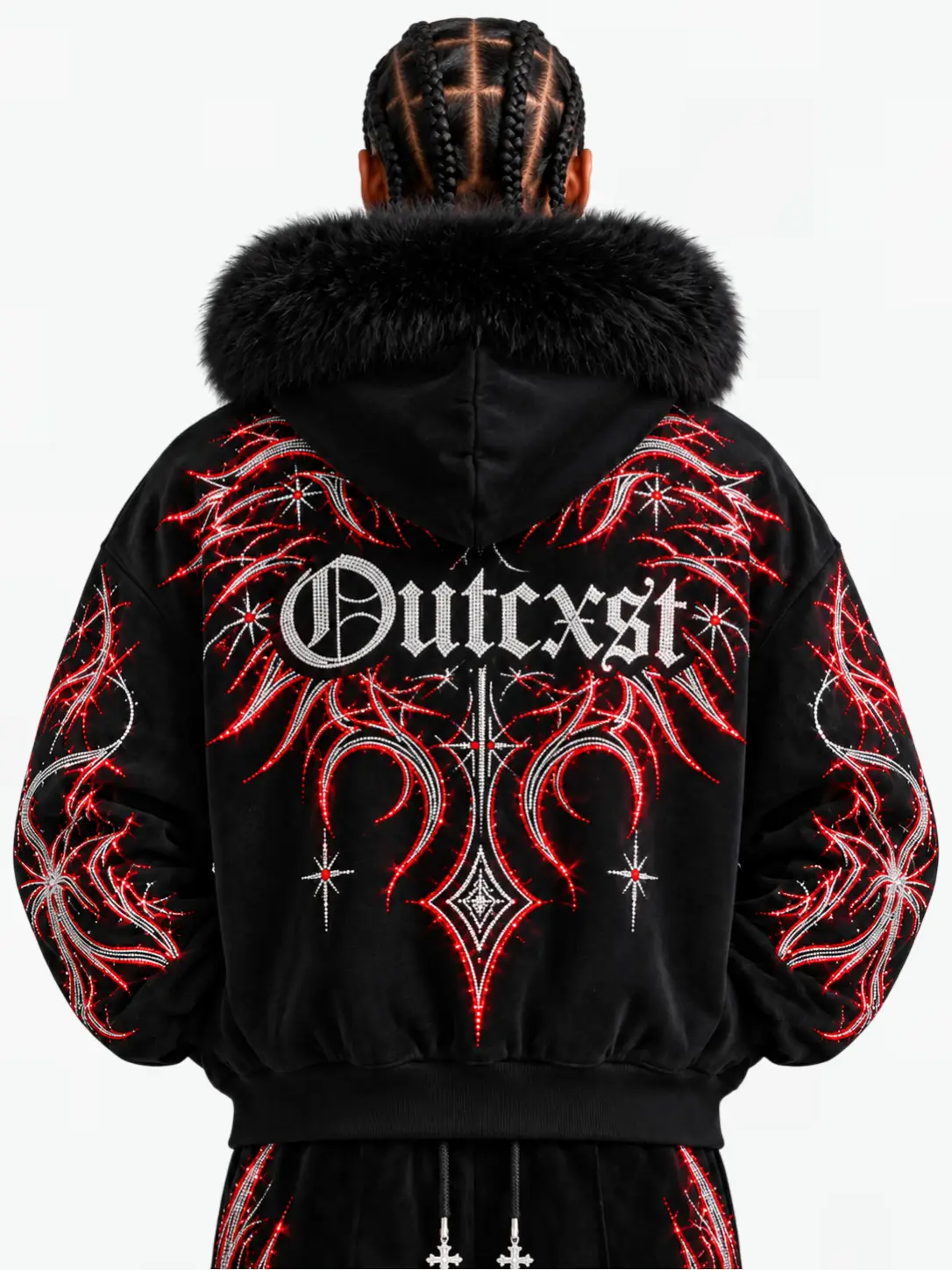 THORN RHINESTONE FUR ZIP HOODIE — Back model close-up
